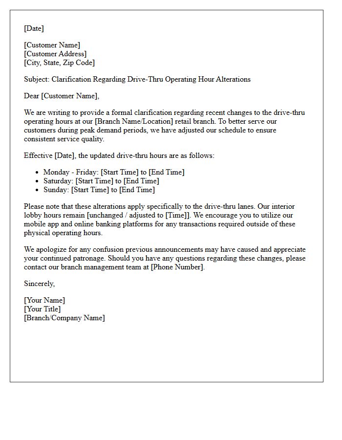 Letter Clarifying Drive-Thru Operating Hour Alterations at Retail Branches