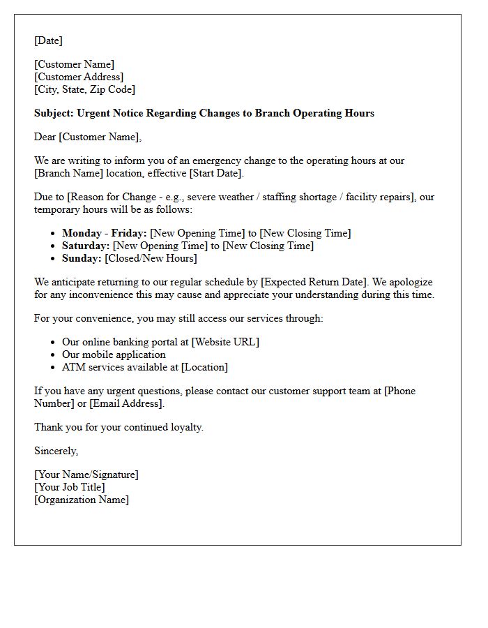 Letter Communicating Emergency Alterations to Branch Operating Hours