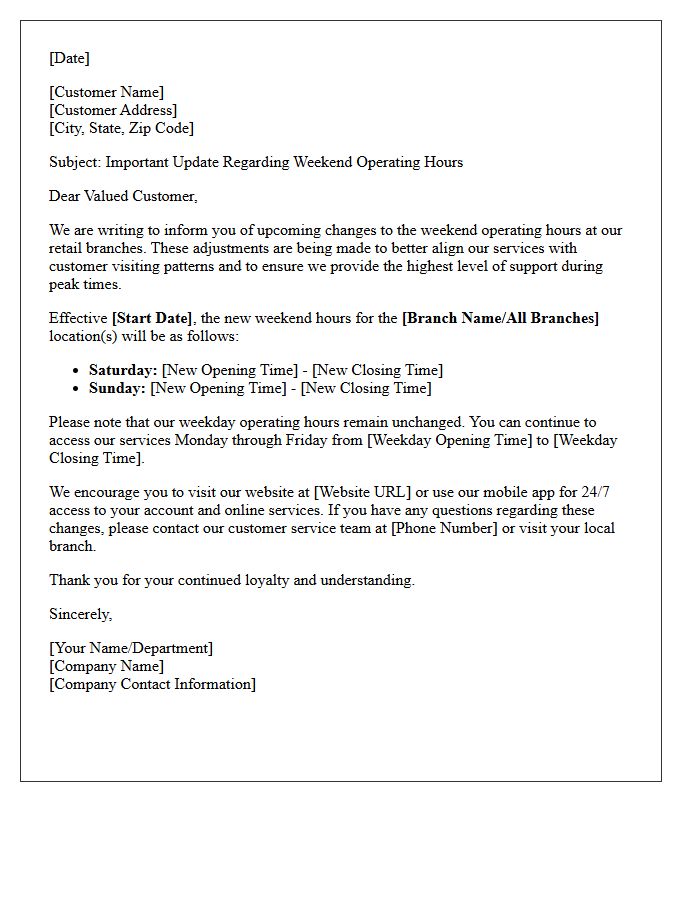 Letter Detailing Weekend Operating Hour Alterations for Retail Branches