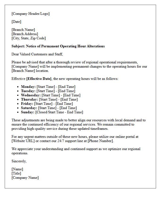 Letter Implementing Permanent Operating Hour Alterations for Regional Branches