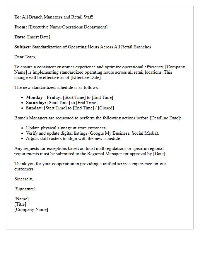 Letter Standardizing Operating Hour Alterations Across All Retail Branches