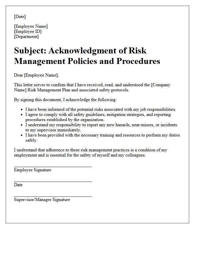 Risk Management Acknowledgment Letter