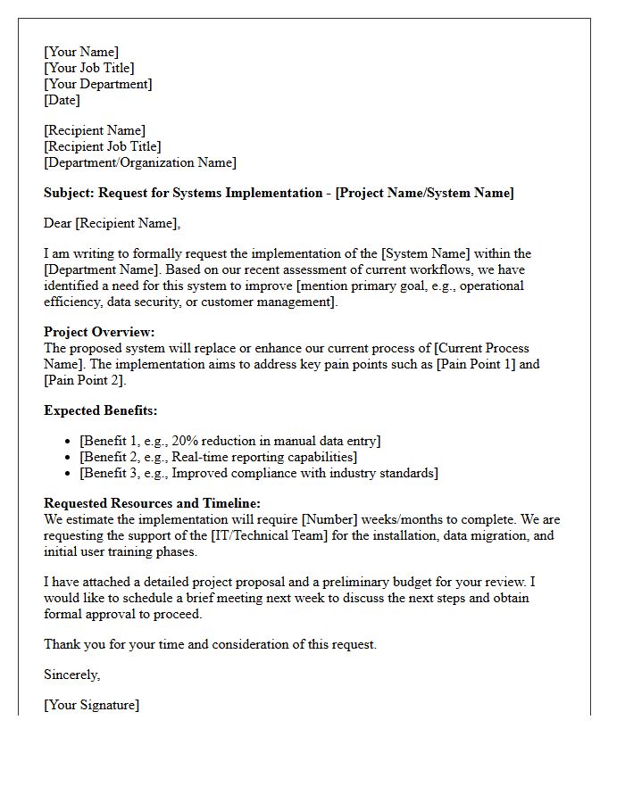 Systems Implementation Request Letter