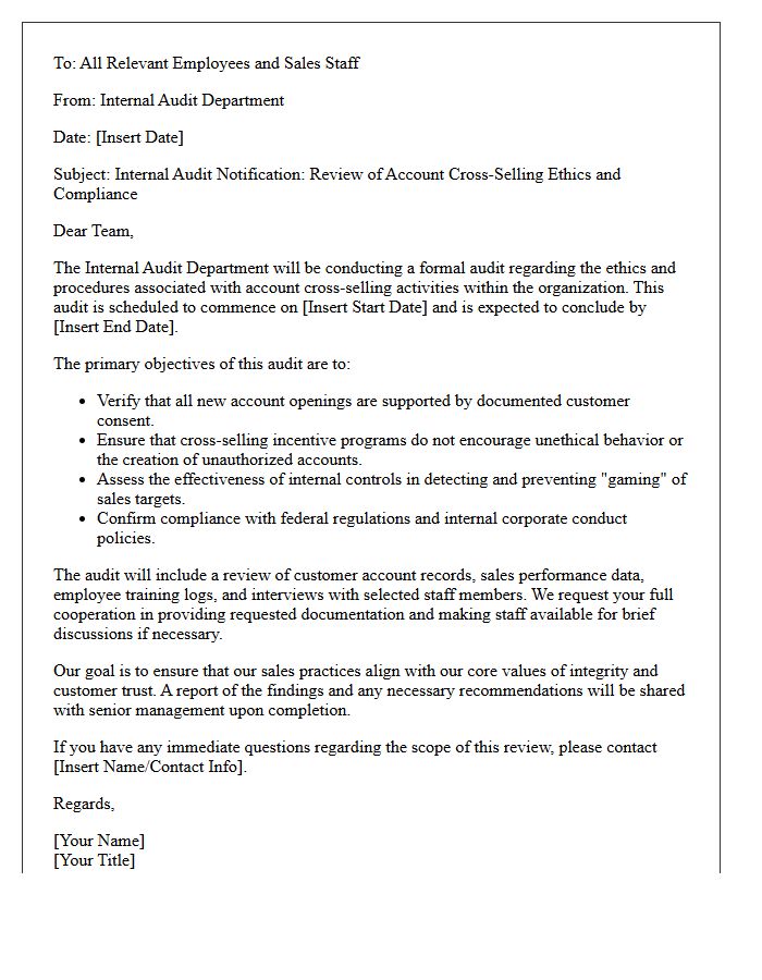 Internal Audit Letter Regarding Account Cross-Selling Ethics