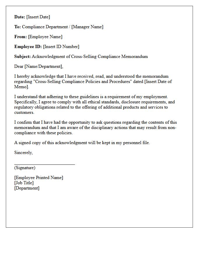 Letter of Acknowledgment for Cross-Selling Compliance Memorandum