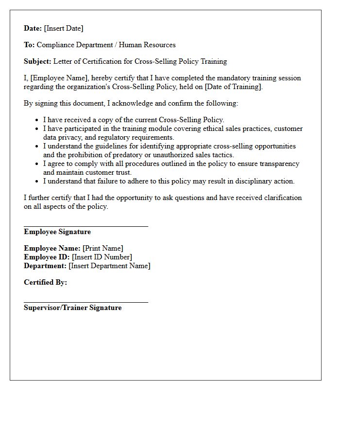 Letter of Certification for Cross-Selling Policy Training