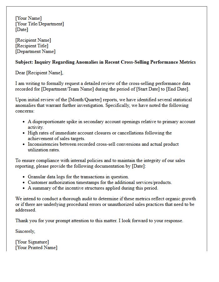 Letter of Inquiry Regarding Suspicious Cross-Selling Metrics