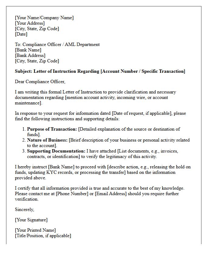 Letter of Instruction for Bank Compliance Officers