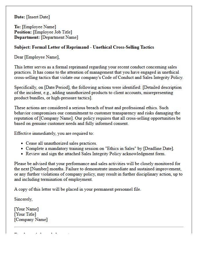 Letter of Reprimand for Unethical Cross-Selling Tactics