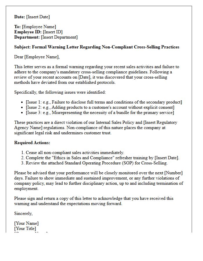 Warning Letter for Non-Compliant Cross-Selling Practices