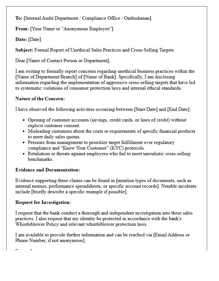 Whistleblower Letter on Unethical Bank Cross-Selling Targets