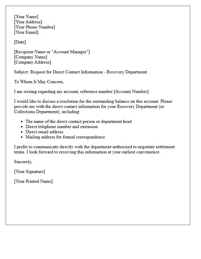Direct Contact Information for the Recovery Department