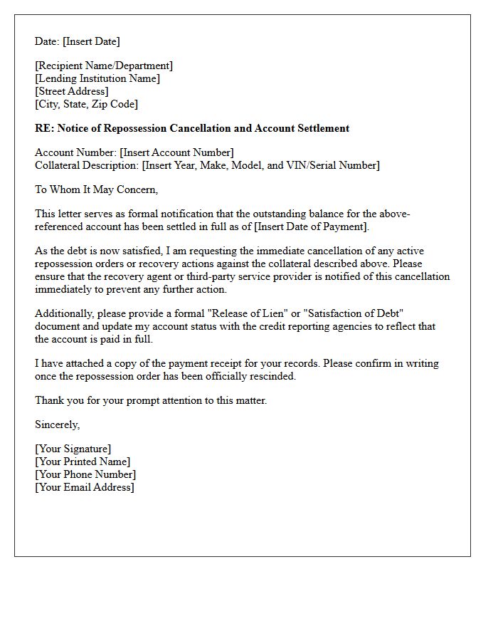 Collateral Repossession Cancellation Letter Upon Account Settlement