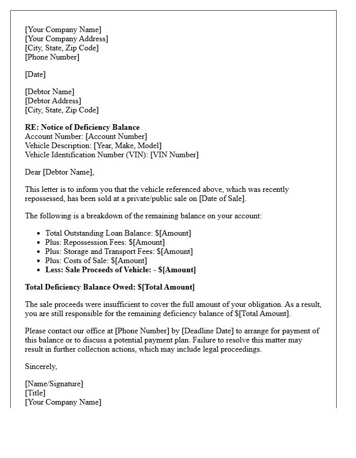 Deficiency Balance Notification Letter After Repossession Sale