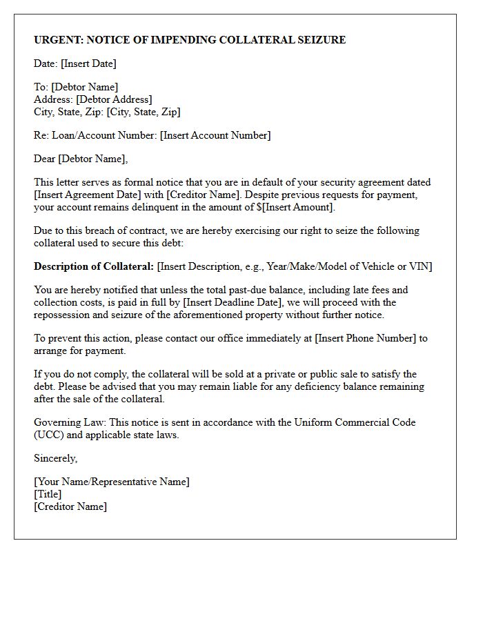 Notice Letter of Impending Collateral Seizure