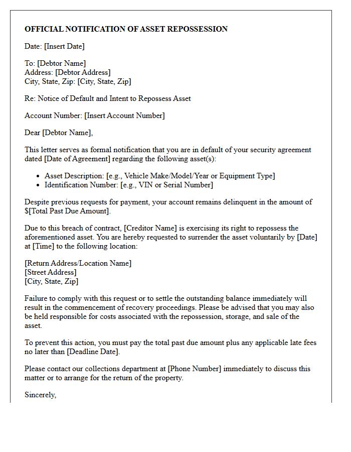 Official Notification Letter of Asset Repossession