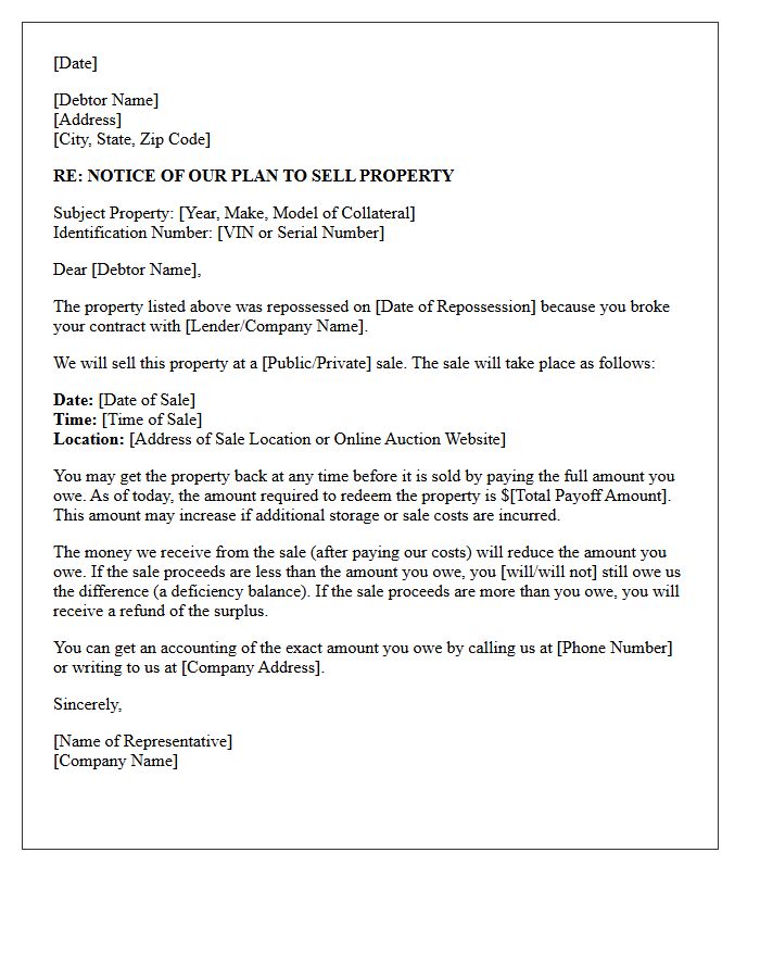 Post-Repossession Letter of Intent to Sell Collateral