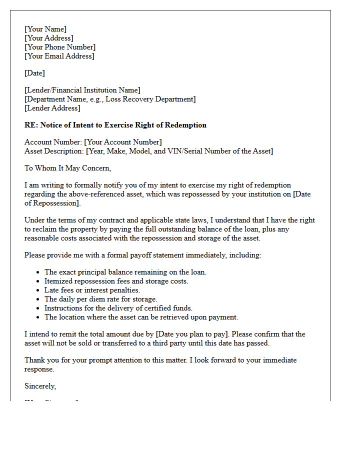 Right of Redemption Letter Following Asset Repossession