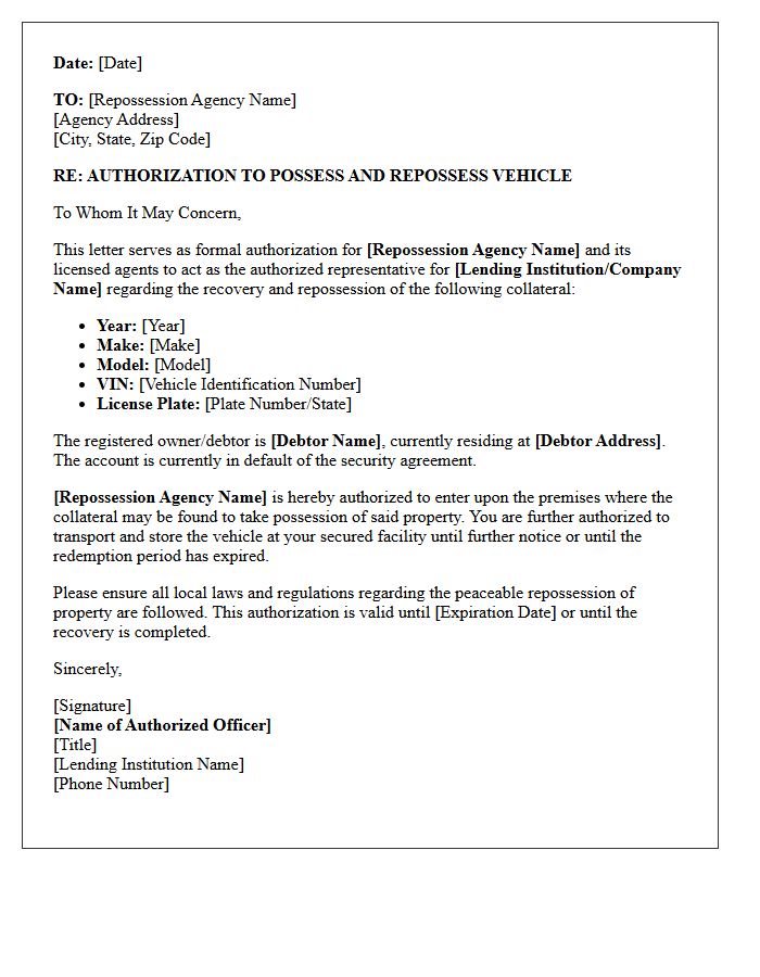 Third-Party Repossession Agency Authorization Letter