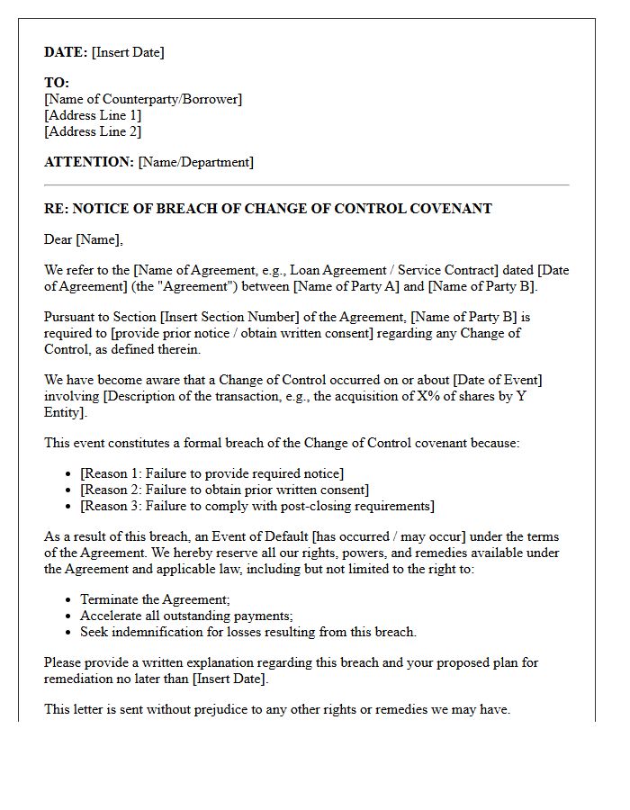 Change of Control Covenant Breach Notice Letter