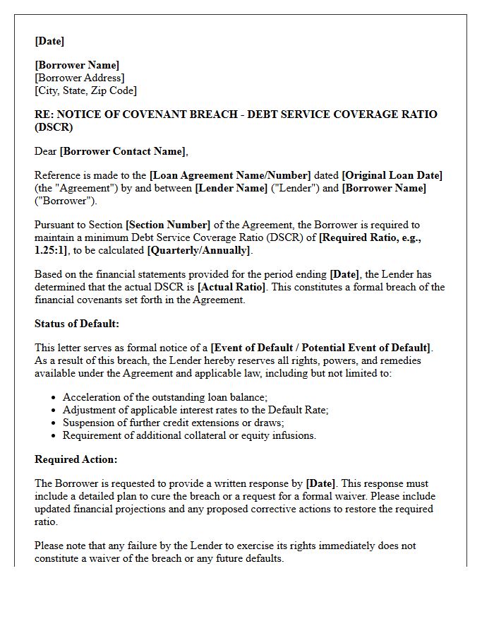 Debt Service Coverage Ratio Covenant Breach Notice Letter