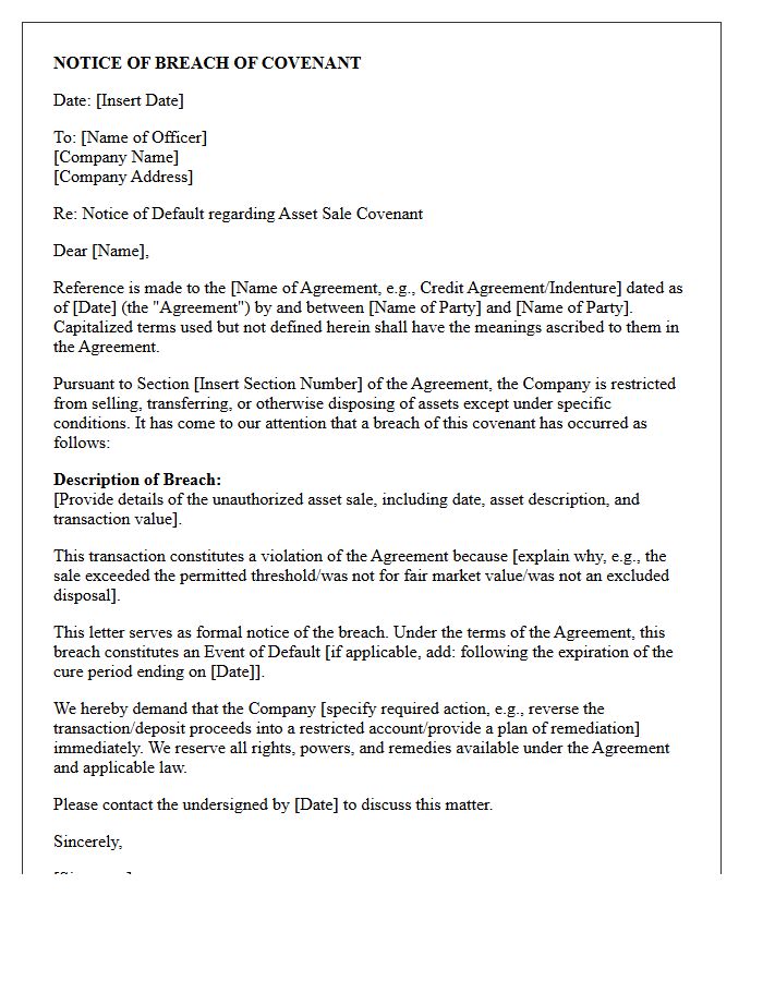 Letter of Notice Concerning Breach of Asset Sale Covenant