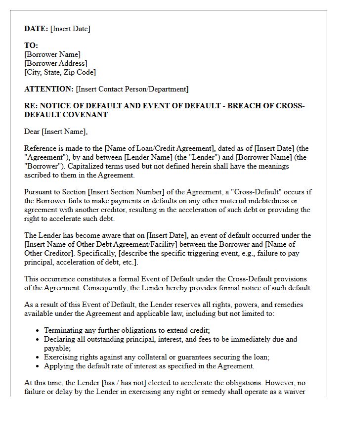 Letter of Notice for Breach of Cross-Default Covenant