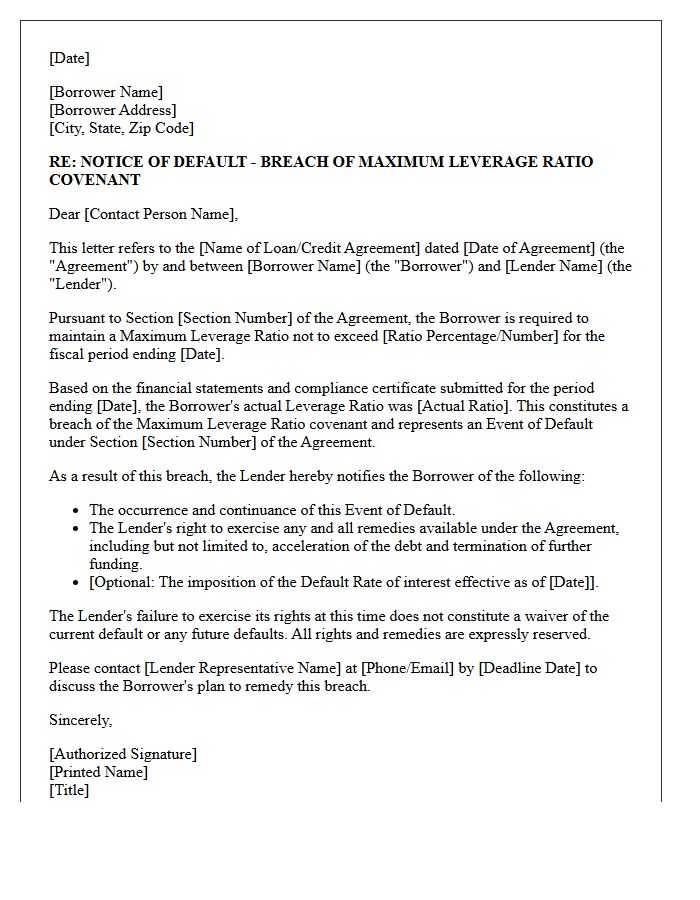 Letter of Notice for Breach of Maximum Leverage Ratio Covenant