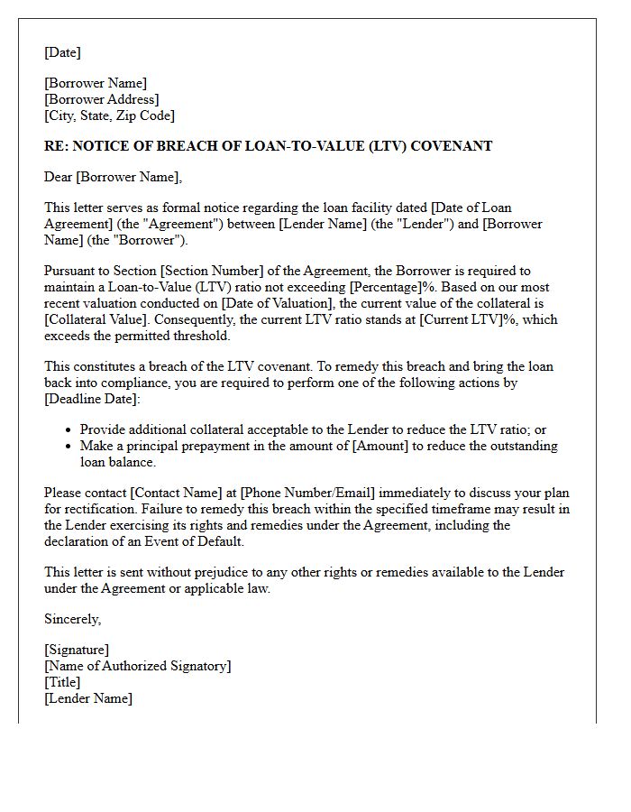 Letter of Notice Regarding Breach of Loan-to-Value Covenant