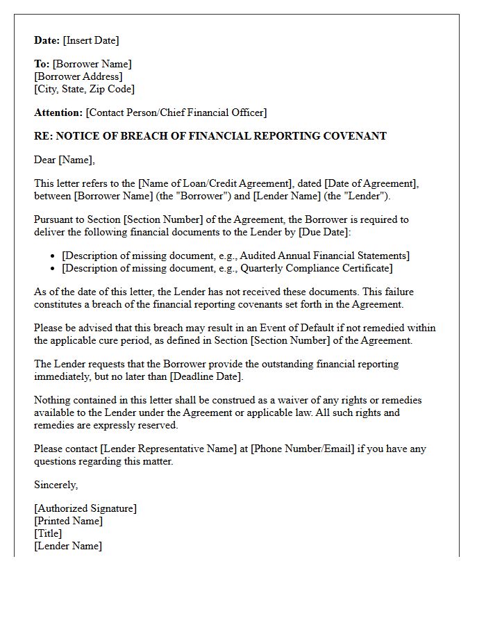 Notice of Breach of Financial Reporting Covenant Letter