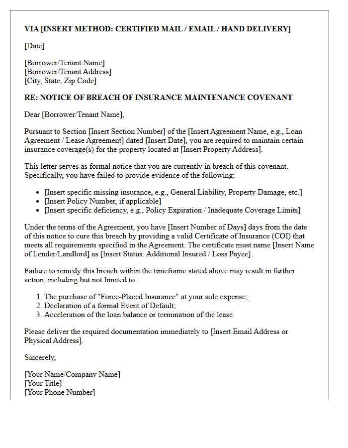 Notice of Breach of Insurance Maintenance Covenant Letter