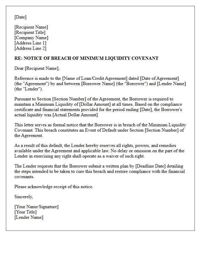 Notice of Breach of Minimum Liquidity Covenant Letter