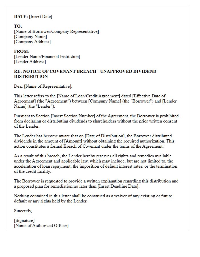 Unapproved Dividend Distribution Covenant Breach Letter
