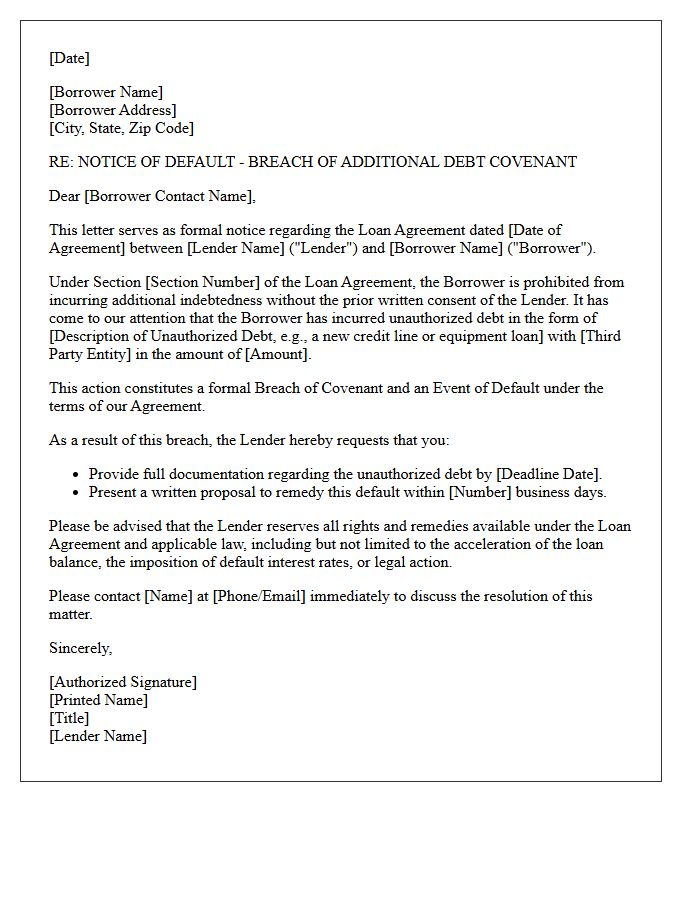 Unauthorized Additional Debt Covenant Breach Letter