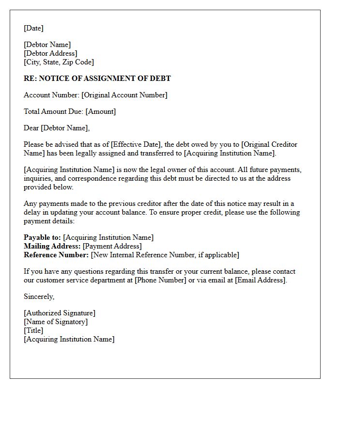 Acquiring Institution Letter of Notice of Assignment of Debt