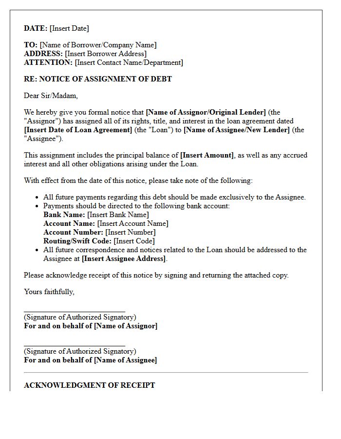 Corporate Loan Letter of Notice of Assignment of Debt