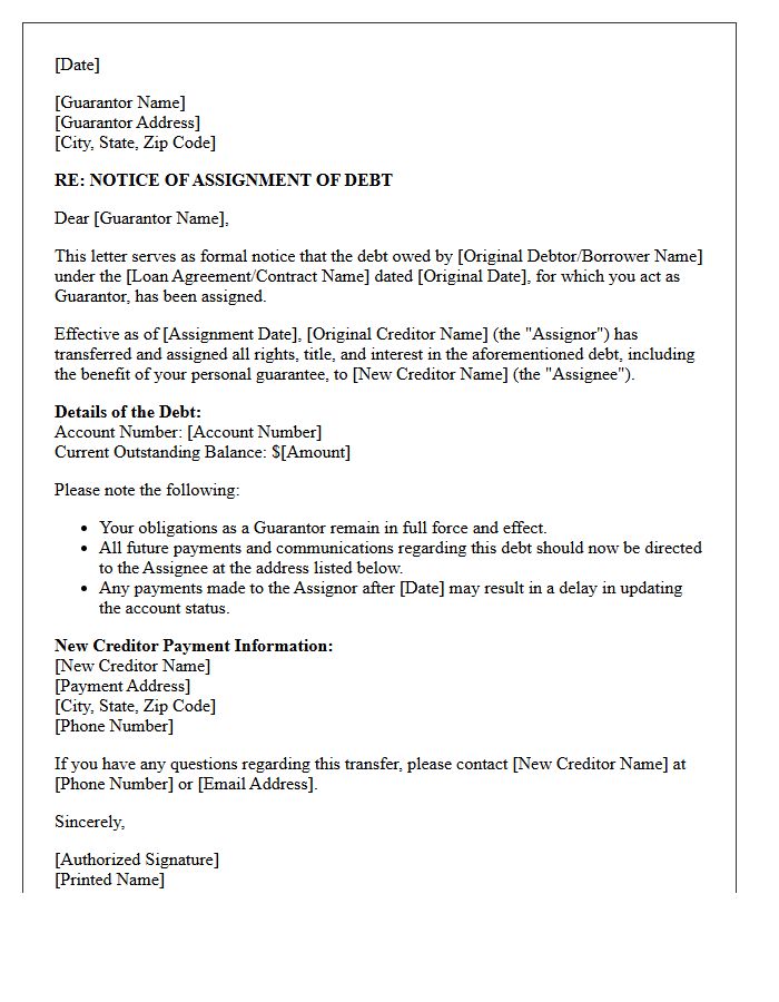 Guarantor Letter of Notice of Assignment of Debt