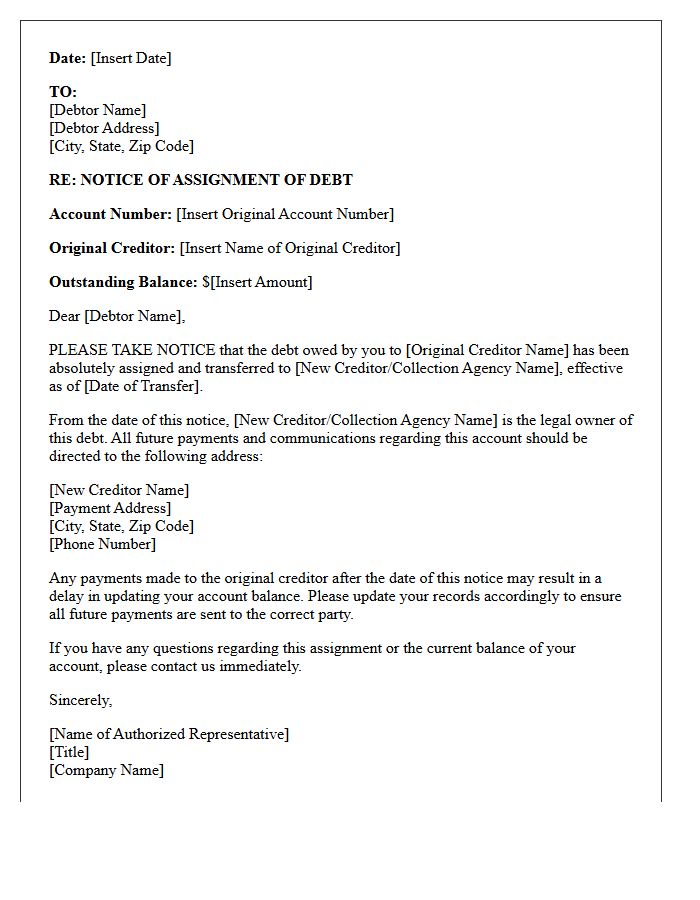 Letter of Notice of Assignment of Consumer Credit Debt
