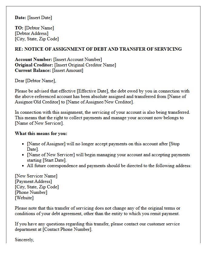Letter of Notice of Assignment of Debt and Transfer of Servicing