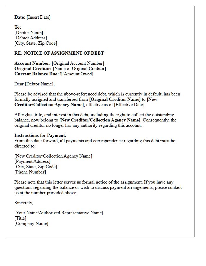 Letter of Notice of Assignment of Defaulted Debt