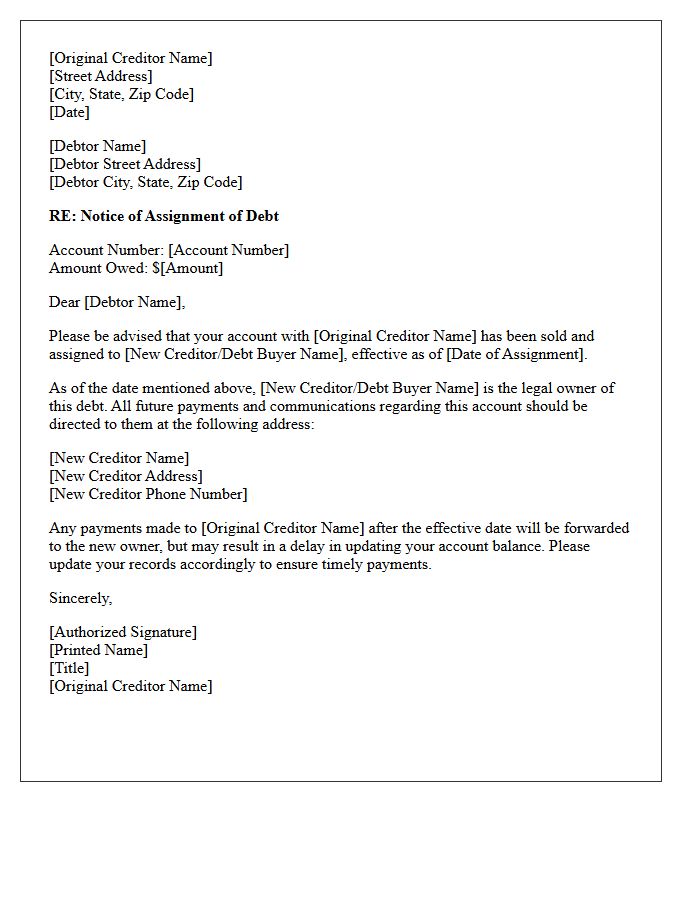 Original Creditor Letter of Notice of Assignment of Debt