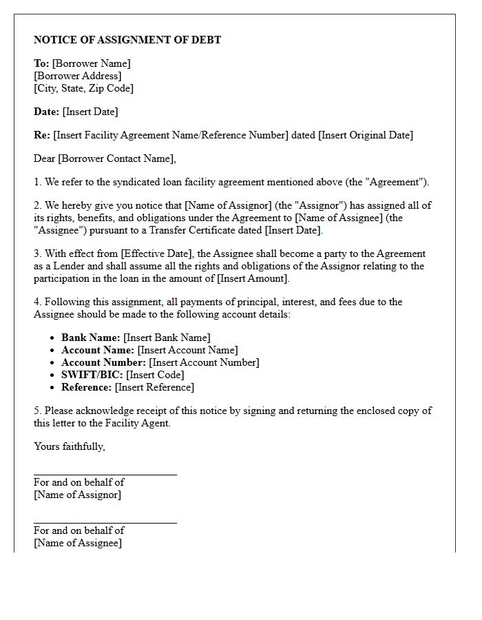 Syndicated Loan Letter of Notice of Assignment of Debt