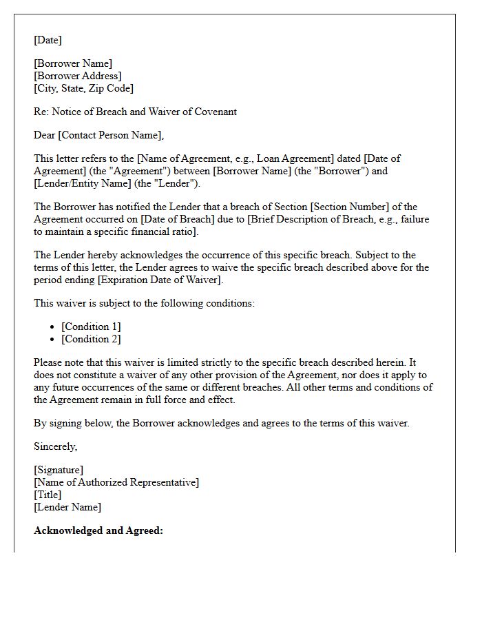 Breach Acknowledgment and Covenant Waiver Letter