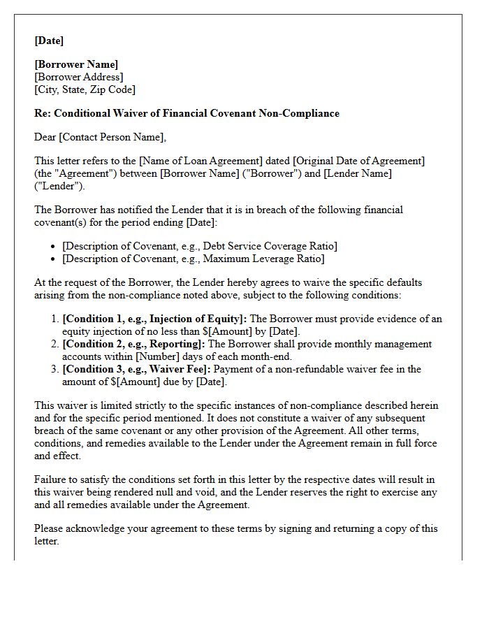 Conditional Waiver Letter for Commercial Loan Covenants