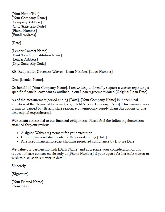 Cover Letter for Commercial Loan Covenant Waiver Agreement