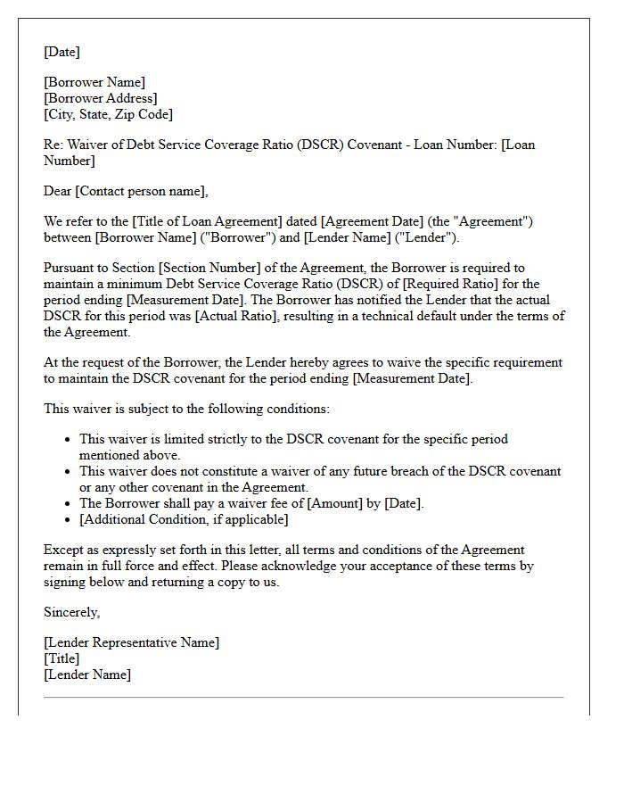 Debt Service Coverage Ratio Covenant Waiver Letter