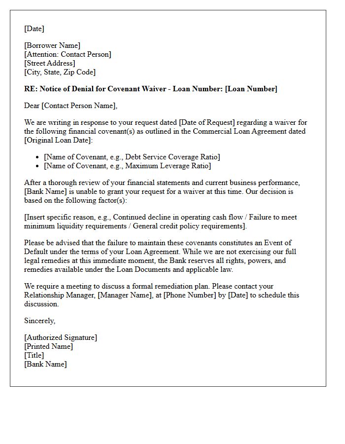 Denial Letter for Commercial Loan Covenant Waiver