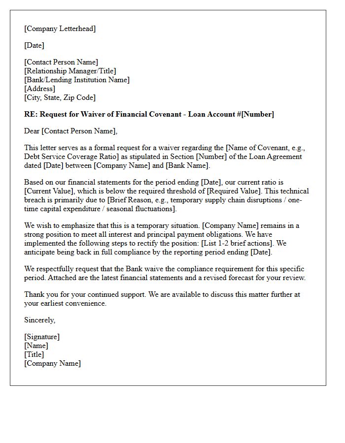 Request Letter for Commercial Loan Covenant Waiver