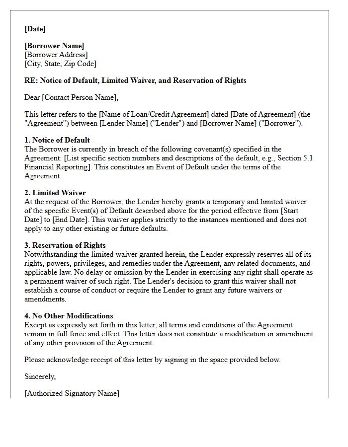 Reservation of Rights and Covenant Waiver Letter