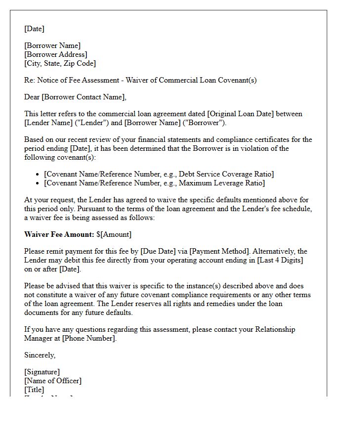 Waiver Fee Assessment Letter for Commercial Loan Covenants